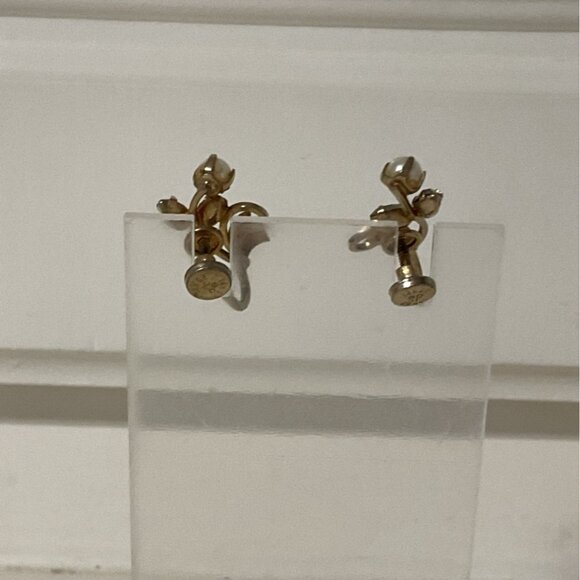 Vintage 14 KG F Screw Back Earrings With Pearls & Crystals Gold Tone Floral Desi - Picture 5 of 5